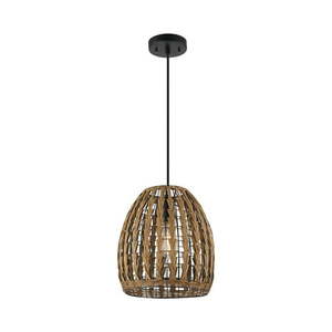 lot 17615 image: Novogratz x Globe Marlow 1-Light Pendant Light Brown Woven Rattan Shade Black Hanging Cord 60750