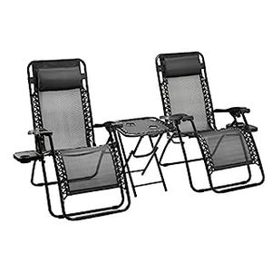 lot 17616 image: Amazon Basics Textilene Outdoor Adjustable Zero Gravity Folding Reclining Lounge Chair with Side table and Pillow - Pack of 2, Black (B07MK6LHG2) Retail $150