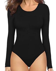 lot 17734 image: MANGOPOP Womens Round Collar Clothing Short Sleeve Long Sleeve Tops T Shirt Bodysuit (B Long Sleeve Black, X-Large)