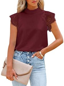 lot 17740 image: Women Tops Short Sleeve Lace Satin Mock Neck Blouse Dressy Workwear Elegant T-Shirt Burgundy L