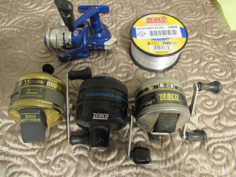 lot 7484 image: Lot of 3 Zebco Fishing Reels, Zebco Fishing Line and 1 Shakspeare Reel