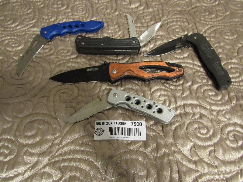 lot 7500 image: 5 Pocket Knifes - 1 blue, 1 silver, 2 black, 1 redwood handled