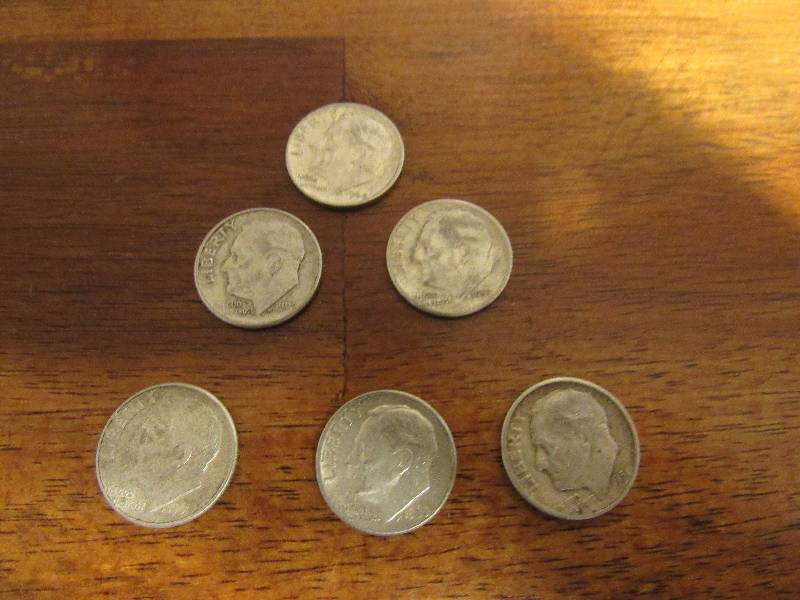lot 7510 image: Coins - 6 dimes 1951, 1957, 1960, 1961, 1963, 1964