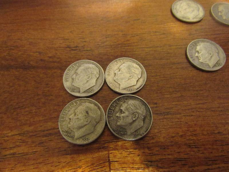 lot 7511 image: Coins - 10 dimes - 1952, 1953, 1954, 1956, 1957, 1962 an qty 4 of 1964
