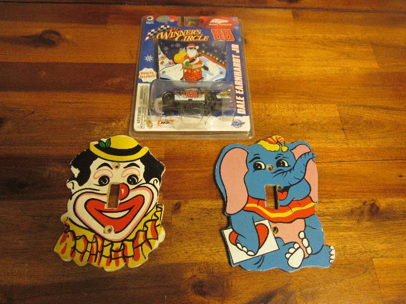lot 7519 image: 2 vintage kids room light switch covers elephant and clown AND Dale Earnhardt JR race car #88