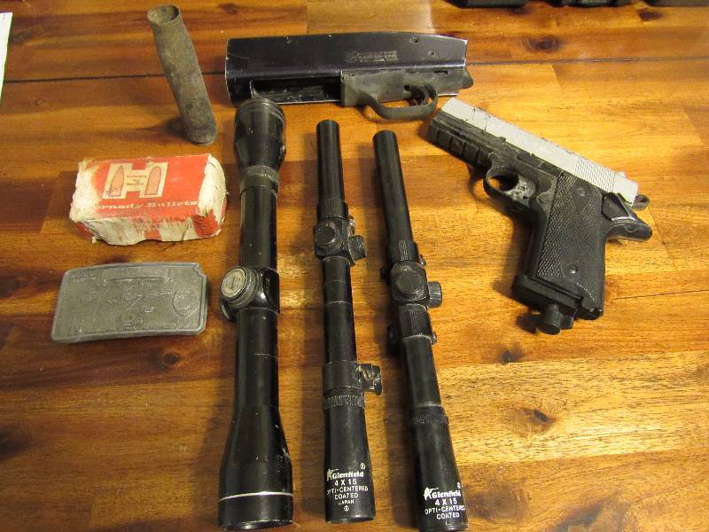 lot 7520 image: 3 Gun Scopes, BB Gun, Shotgun Receiver and Belt Buckle