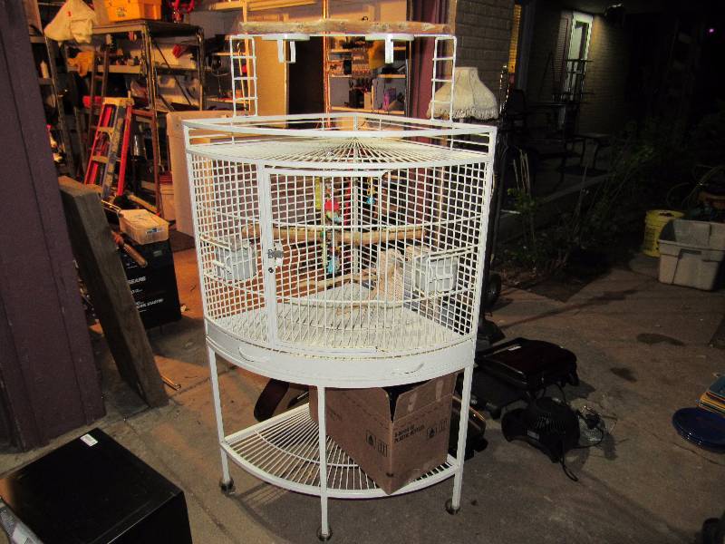 lot 7667 image: Corner BIRD CAGE - Cream Colored w waterfood bowls, ladder and swing - MUST SEE
