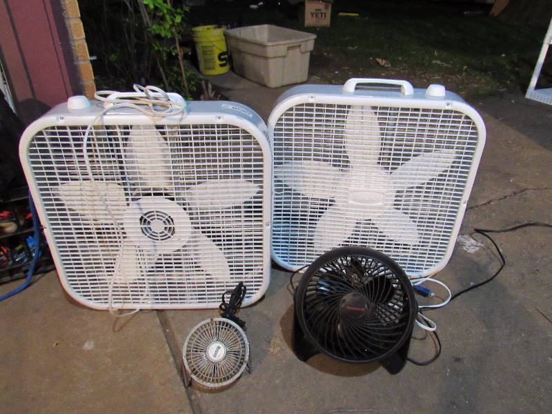 lot 7681 image: STAY COOL - Lot of 4 Fans - 2 Lasko box fans, 1 Honeywell Fan, 1 Massey Fan