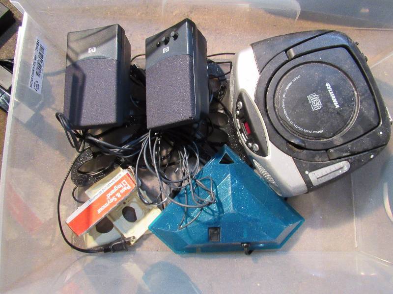 lot 7686 image: Lot of Various Music Electronics - Sylvania CD Player, PR Speakers, Misc wires & cords