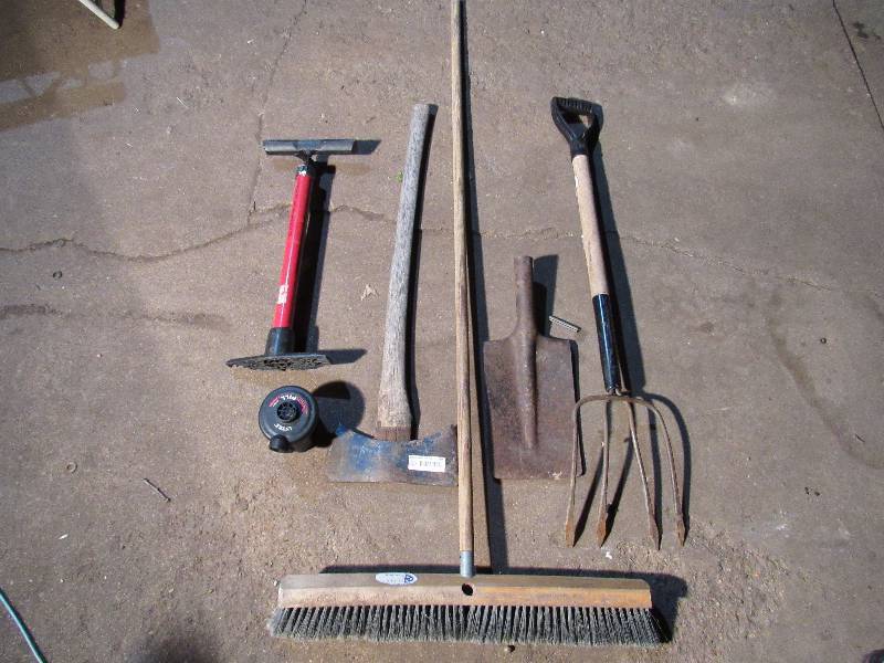 lot 7689 image: Lot of Outdoor Tools - Hand Ax, Broom, Pitch-Fork, Bike Pump, Air Mattress Pump