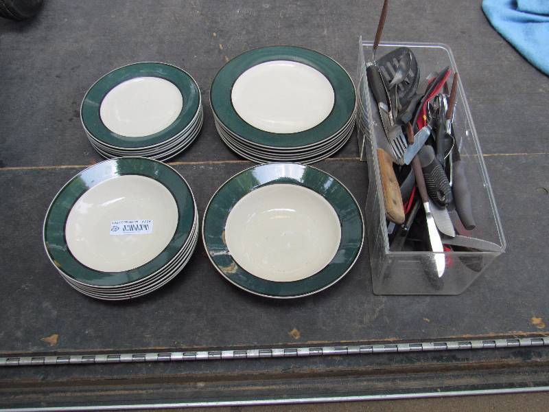 lot 7773 image: Green and White Dishes with box of utensils and knifes