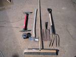 Lot of Outdoor Tools - Hand Ax, Broom, Pitch-Fork, Bike Pump, Air Mattress Pump
