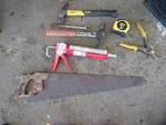 Lot of Misc. Tools - 2 hammers, caulking gun, Stanley 25' tape measure, Tin snips and Hand Saw