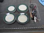 Green and White Dishes with box of utensils and knifes