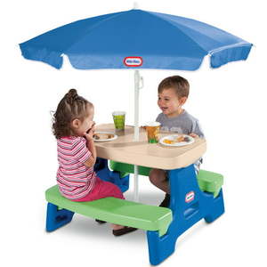 lot 1601 image: Little Tikes Easy Store Jr. Picnic Table with Umbrella Blue & Green - Play Table with Umbrella for Kids
