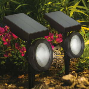 lot 3631 image: 2-Piece LED Solar Spotlights - Oil-Rubbed Bronze Die-cast aluminum construction with glass lens Provides up to 8 hours of nightly run time