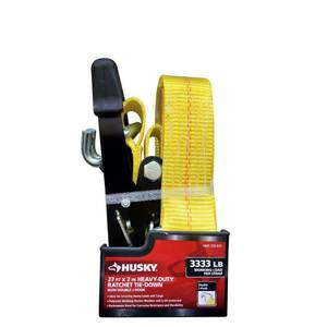 lot 3588 image: Husky 27 ft. x 2 in. Heavy-Duty Ratchet Tie-Down Strap with J Hook, Yellow and Black
