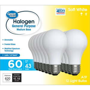 lot 2541 image: Great Value Halogen Light Bulbs 60 Watt Soft White A19 General Purpose 12pk