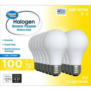 lot 2549 image: Great Value Halogen Light Bulbs 100 Watt Soft White A19 General Purpose 12pk