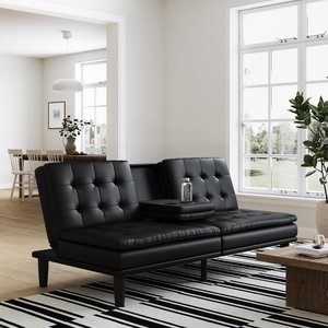 lot 1623 image: Mainstays Memory Foam PillowTop Futon with Cupholder Black Faux Leather
