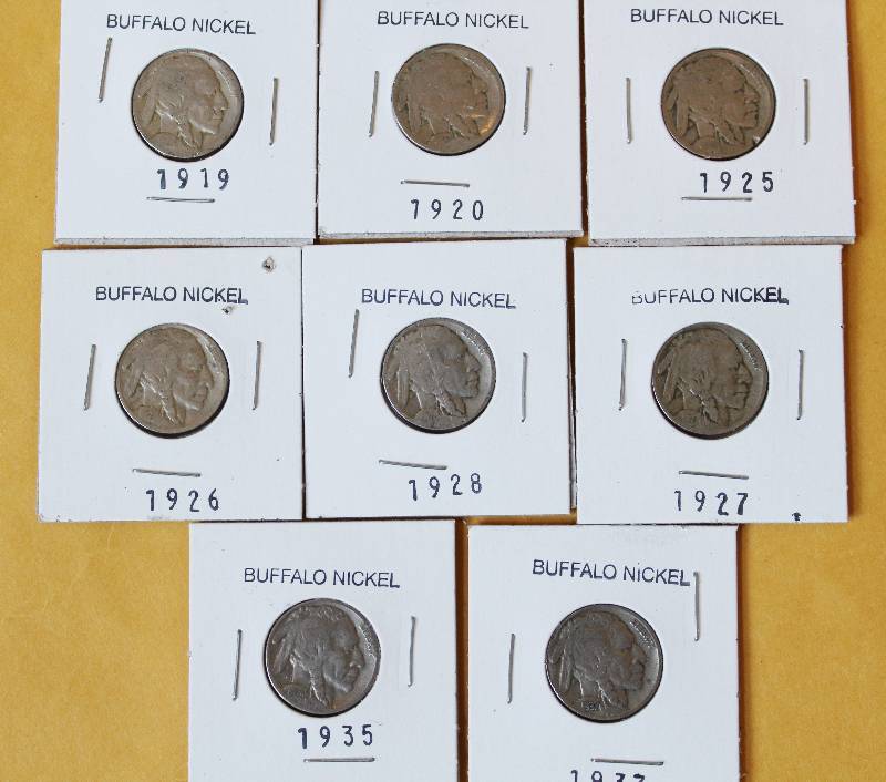 lot 8457 image: Lot of 8 Buffalo Nickels in sleeves 1919, 1920, 1925, 1926, 1927, 1928, 1935, 1937