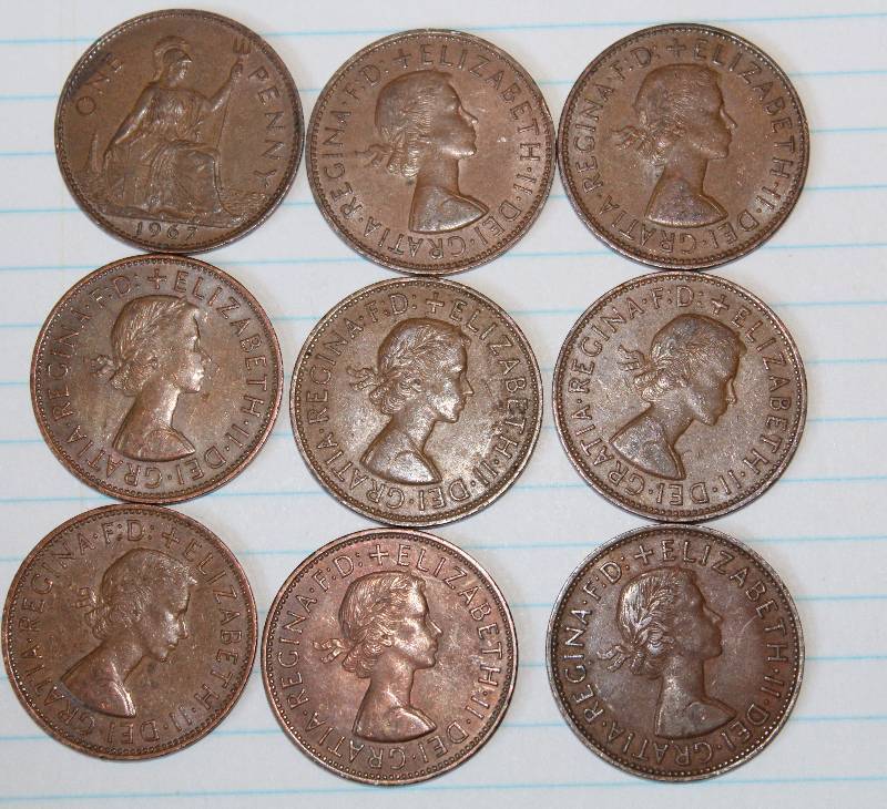 lot 8466 image: Lot of 9 British Pennies - 1962, 1963, 1964, 1965, 1966 & 4 are 1967