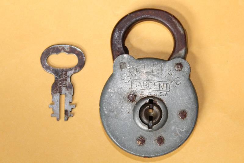 lot 8477 image: Vintage  Padlock - Sargent Six Lever Lock with key