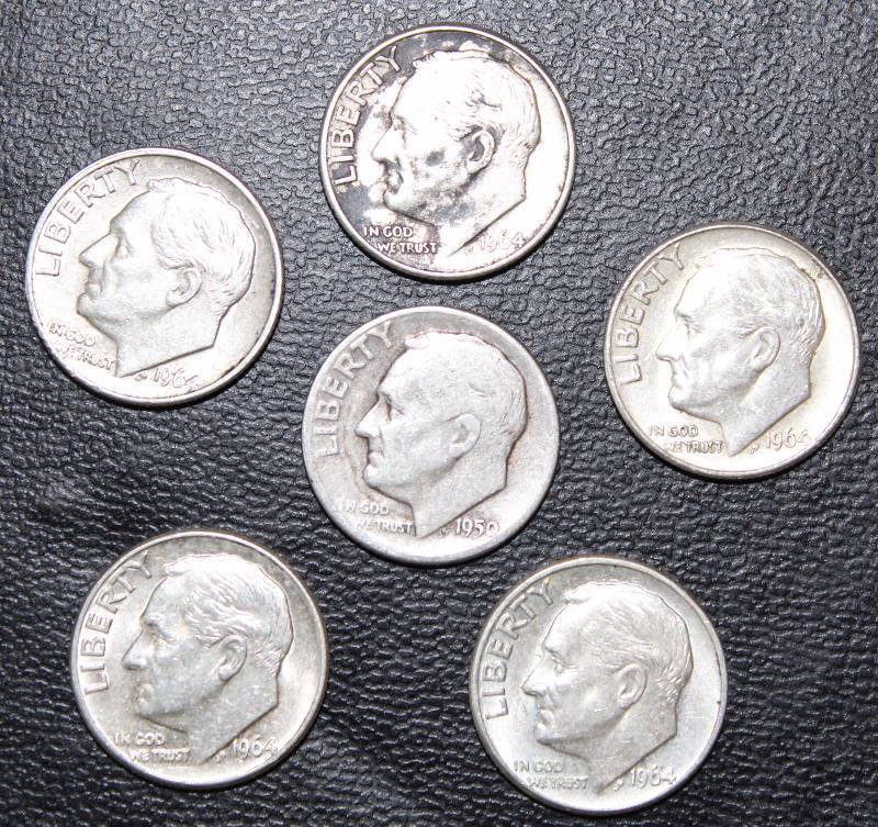 lot 8487 image: Lot of 6 Roosevelt Dimes - SILVER 1950 (1) -1964 (5)