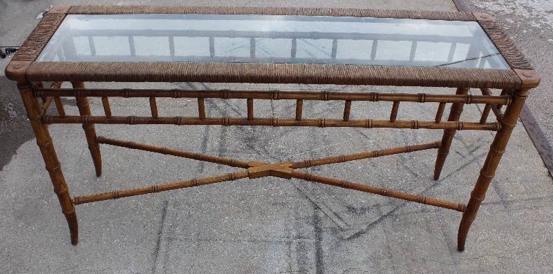 lot 9002 image: Sofa Table - Glass Top with Wood and Wicker - Unique Dcor