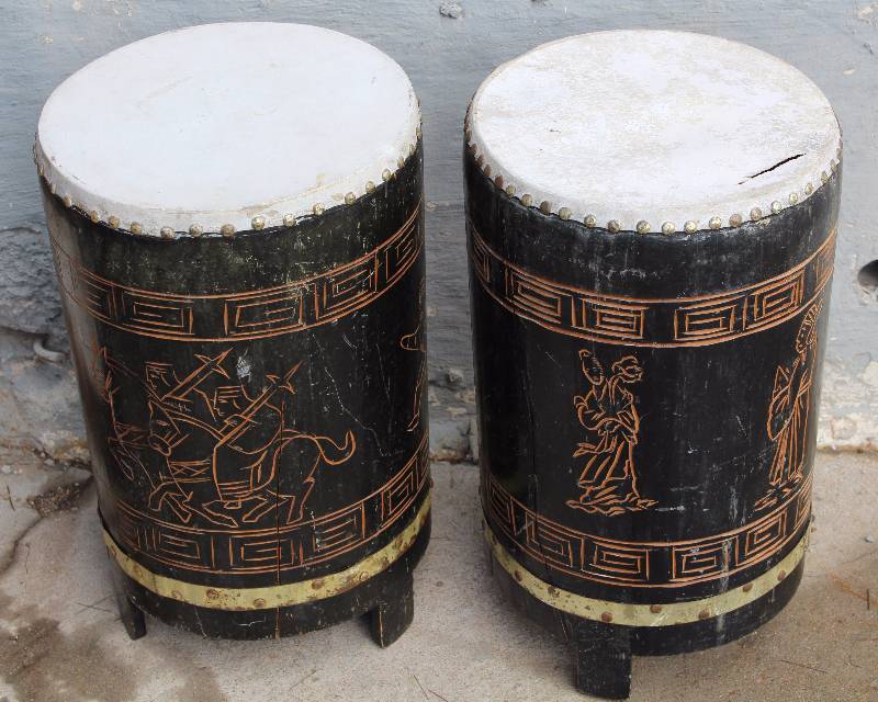 lot 9006 image: Pair of Carved Wood Drums (some damage - see photos)