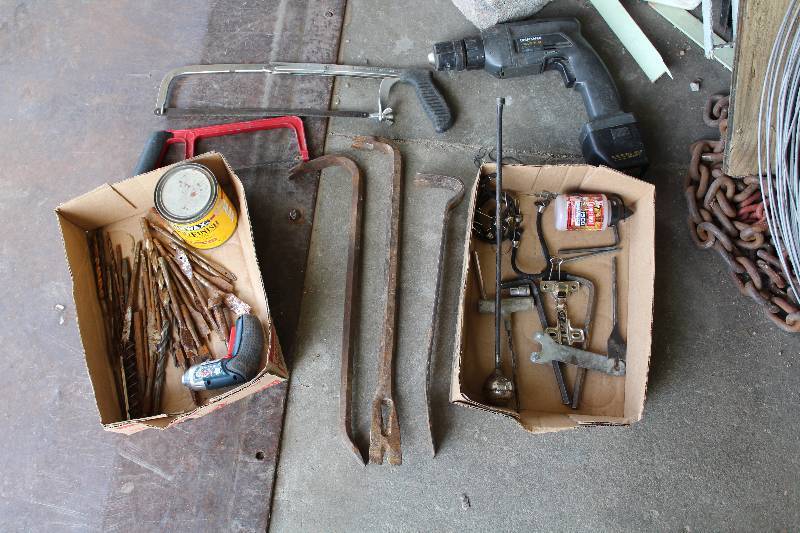 lot 9054 image: Lot of Tools - Crow Bars, Hack Saws, Drill Bits and More - see photos