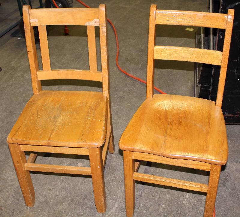 lot 9134 image: Lot of 2 Oak School Chairs - 1 needs repair. Nice hefty chairs