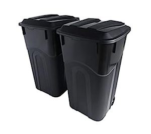 lot 2649 image: United Solutions 32 Gallon Wheeled Outdoor Garbage Can with Attached Snap Lock Lid and Heavy-Duty Handles, Black, Heavy-Duty Construction, Perfect Backyard, Deck, or Garage Trash Can, 2 Pack (B09M1XV7CR)