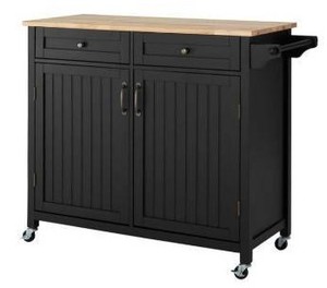 lot 2655 image: StyleWell Bainport Black Wooden Rolling Kitchen Cart with Butcher Block Top and Double-Drawer Storage (44 W), Black with Butcher Block Top Retail&nbsp$220.00