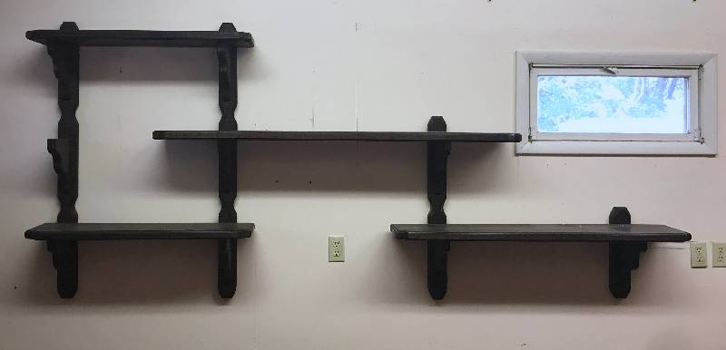 lot 3030 image: Large Wall Shelves - Very Sturdy - Beautiful wood. See photos for size - NICE Very portable - come apart completely