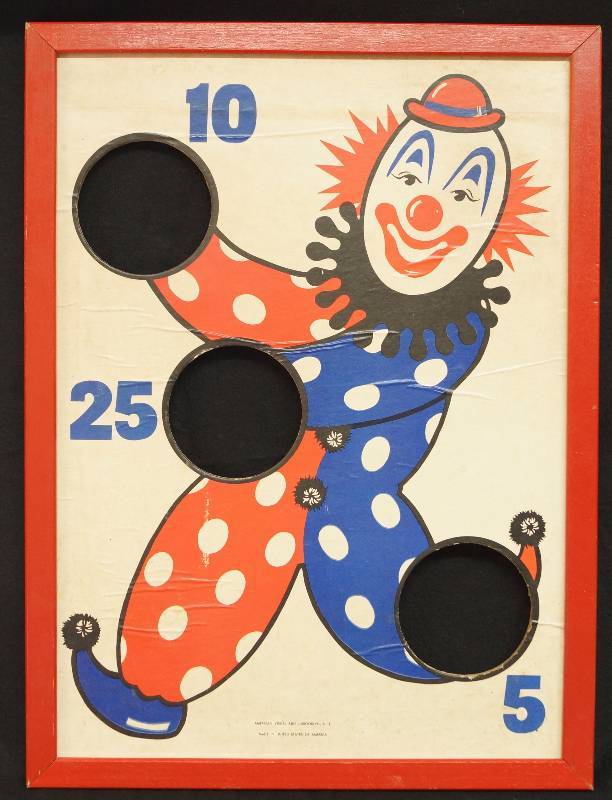 lot 4098 image: Vintage Clown Bean Bag Toss Game - 17.5 x 24 framed - This is in nice shape for its age. Made by American Visual Aids in the U.S.A.