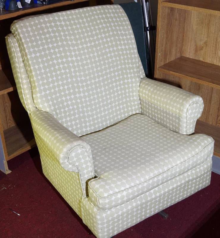 lot 4132 image: Swivel Rocker - Tan and White Polka Dot Material