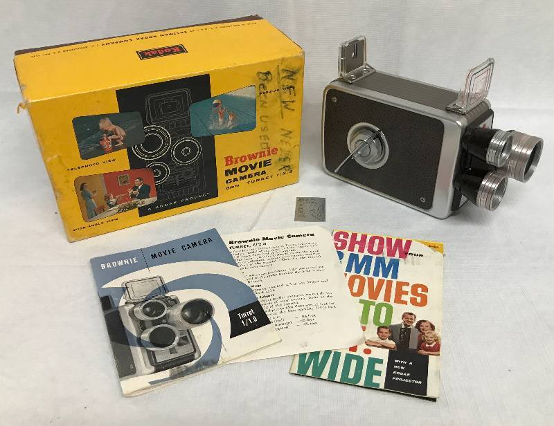 lot 2227 image: Vintage KODAK - Brownie Movie Camera 8mm TURRET f2.3 - wide-angle or telephoto view in original box with instructionspapers - very good condition