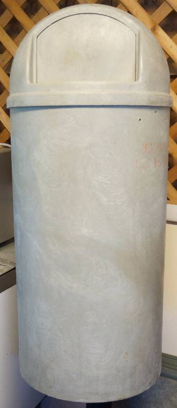 lot 4159 image: Commercial Rubbermaid Trash Can with Curved Lid and Entry Flap - From Kansas Coliseum See photo for measurements