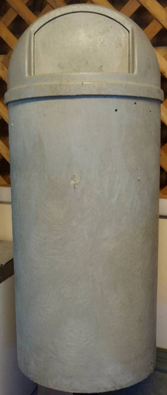 lot 4160 image: Commercial Rubbermaid Trash Can with Curved Lid and Entry Flap - From Kansas Coliseum See photo for measurements