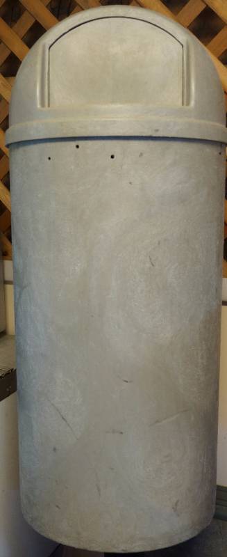 lot 4161 image: Commercial Rubbermaid Trash Can with Curved Lid and Entry Flap - From Kansas Coliseum See photo for measurements