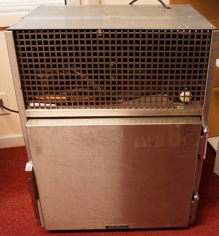 lot 4170 image: Commercial Stainless Steel Refrigerator - Jewett- M# WM-3CW -30 x 24 x 30.5 whanging thermometer inside - see photos - Plugged in and it started to cool down in the time we had it on.