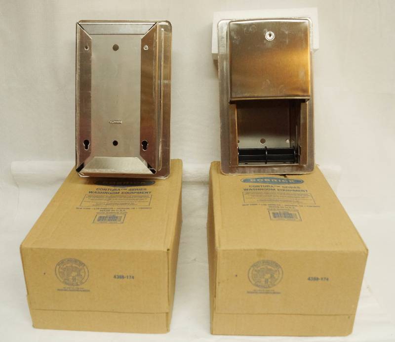 lot 4174 image: Lot of 2 - Commercial Toilet Paper Dispensers - Stainless Steel - Flush Mount Bobrick Contura Series MB-4388 NEW IN BOXES WITH KEYS