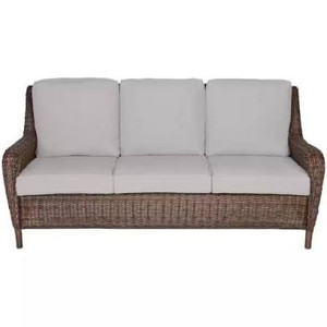 lot 2001 image: Hampton Bay Cambridge Gray Wicker Outdoor Patio Sofa with CushionGuard Stone Gray Cushions MSRP $699