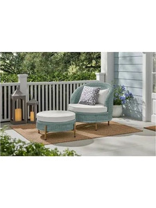 lot 2008 image: Hampton Bay Fairmist Waterproof UV Protected Resin Wicker Outdoor Lounge Chair Plus Ottoman with White CushionGuard Cushion MSRP $499