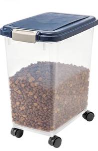 lot 2172 image: WeatherPro Airtight Pet Food Storage Container with Attachable Casters, For Dog Cat Bird and Other Pet Food Storage Bin, Keep Fresh, Translucent Body, Easy Mobility, Navy