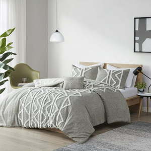 lot 2201 image: INKIVY Hayes AZ Cotton 4-Piece Gray Chenille Tufted Comforter Set KingCal King