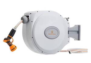 lot 55840 image: Giraffe Tools Retractable Garden Hose Reel 58 x 65 ft, Heavy Duty Water Hose Reel Wall Mount, Auto Hose Reel with Swivel Bracket, Any Length Lock, 65ft (Retail $109.99)