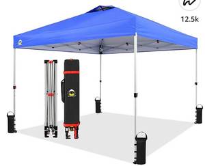 lot 55841 image: CROWN SHADES 10x10 Pop Up Canopy, Patented One Push Tent Canopy, Newly Designed Storage Bag, 8 Stakes, 4 Sandbags, 4 Ropes, Blue (Retail $143.99)