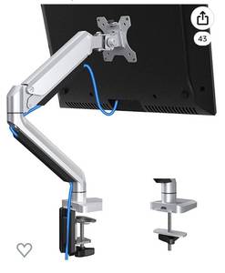 lot 55850 image: Single Monitor Desk Mount, Cast Aluminum, Articulating Monitor Stand Mount, Fully Adjustable Gas Spring Monitor Arm, Removable VESA with C Clamp and Grommet Mounting Base - Fits Screens up to 32 Inch (Retail $49.99)
